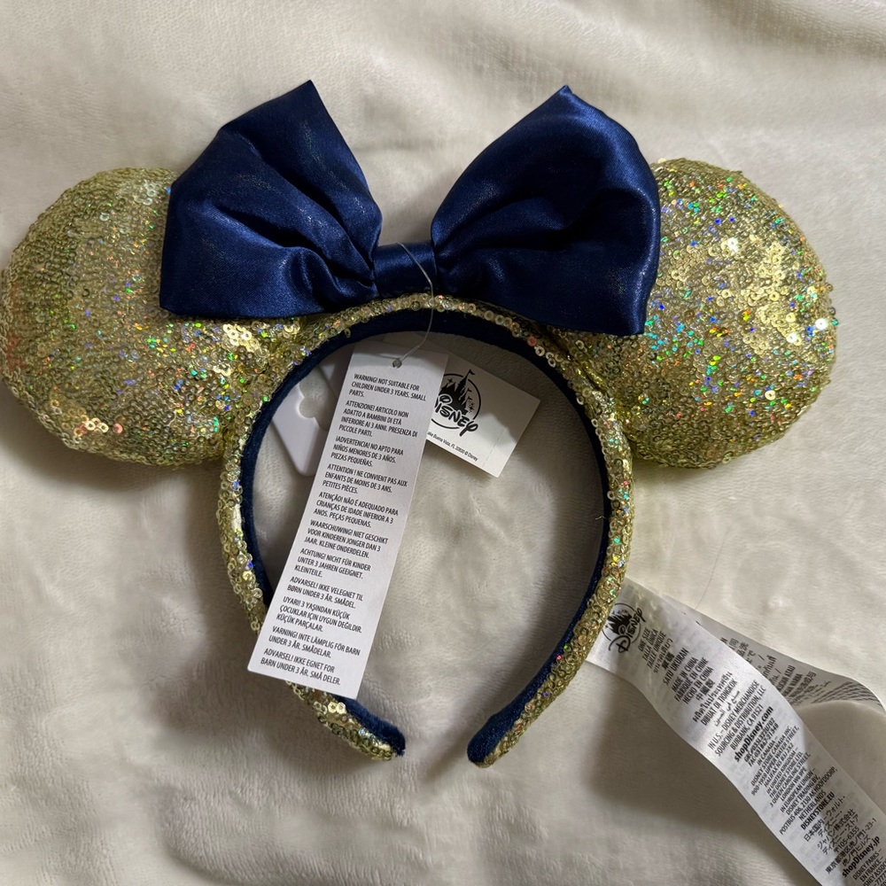 Disney Gold Sequin Minnie Ears with Navy Bow